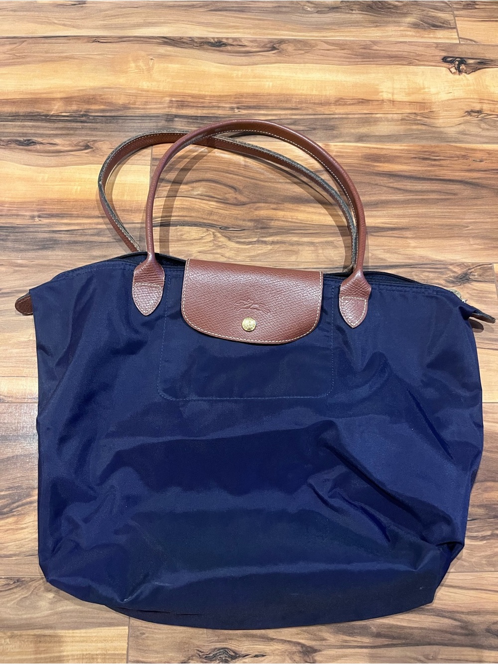 Longchamp Le Pliage dark purple Tote with Brown Leather Trim